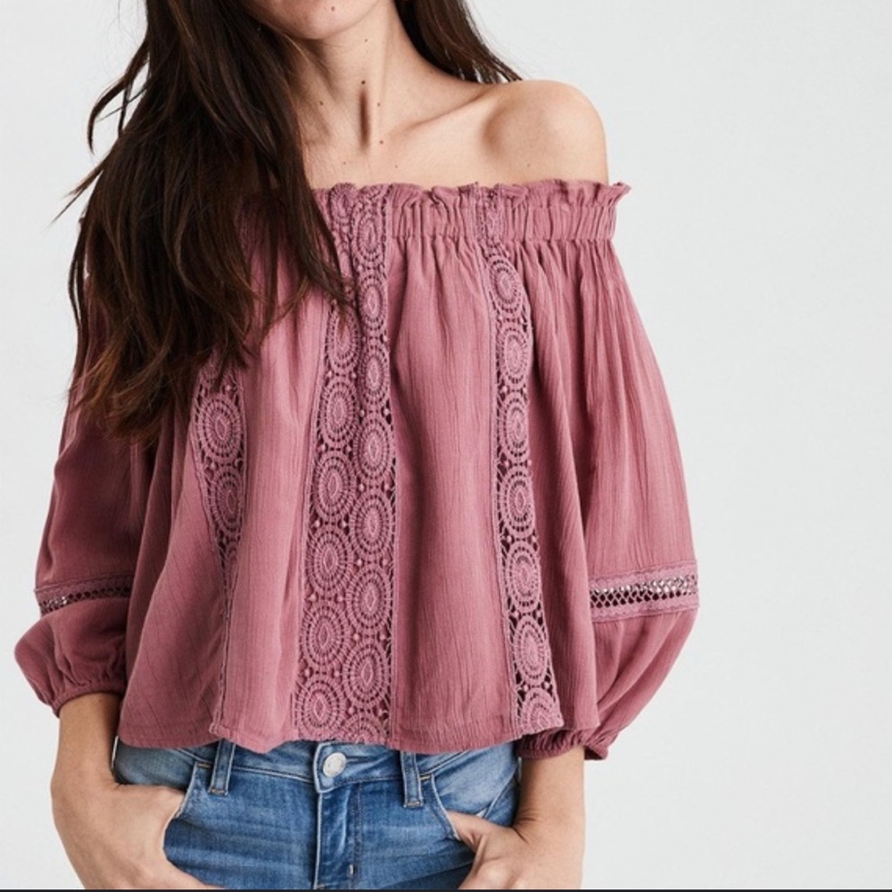 American Eagle Outfitters Pink Off Shoulder Embroidered Top
